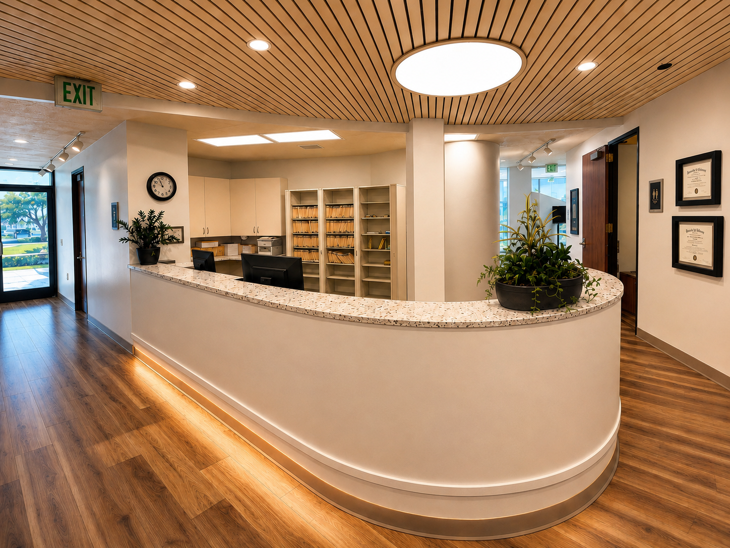 The welcoming reception desk at Del Amo Dental Group in Torrance, CA — warm wood floors, curved marble-top counter, and framed diplomas on the wall
